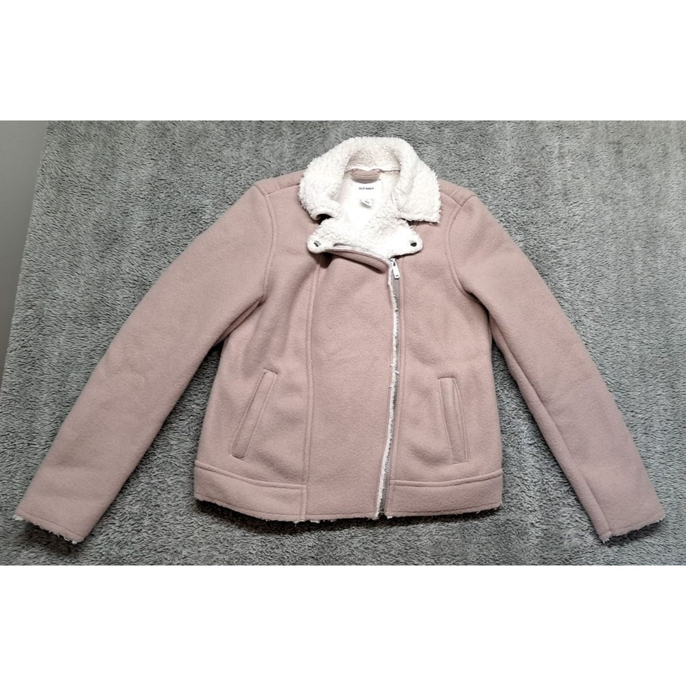 Old Navy Coat Womens Medium Moto Motorcycle Felt Faux Sherpa Suede Jacket Blush